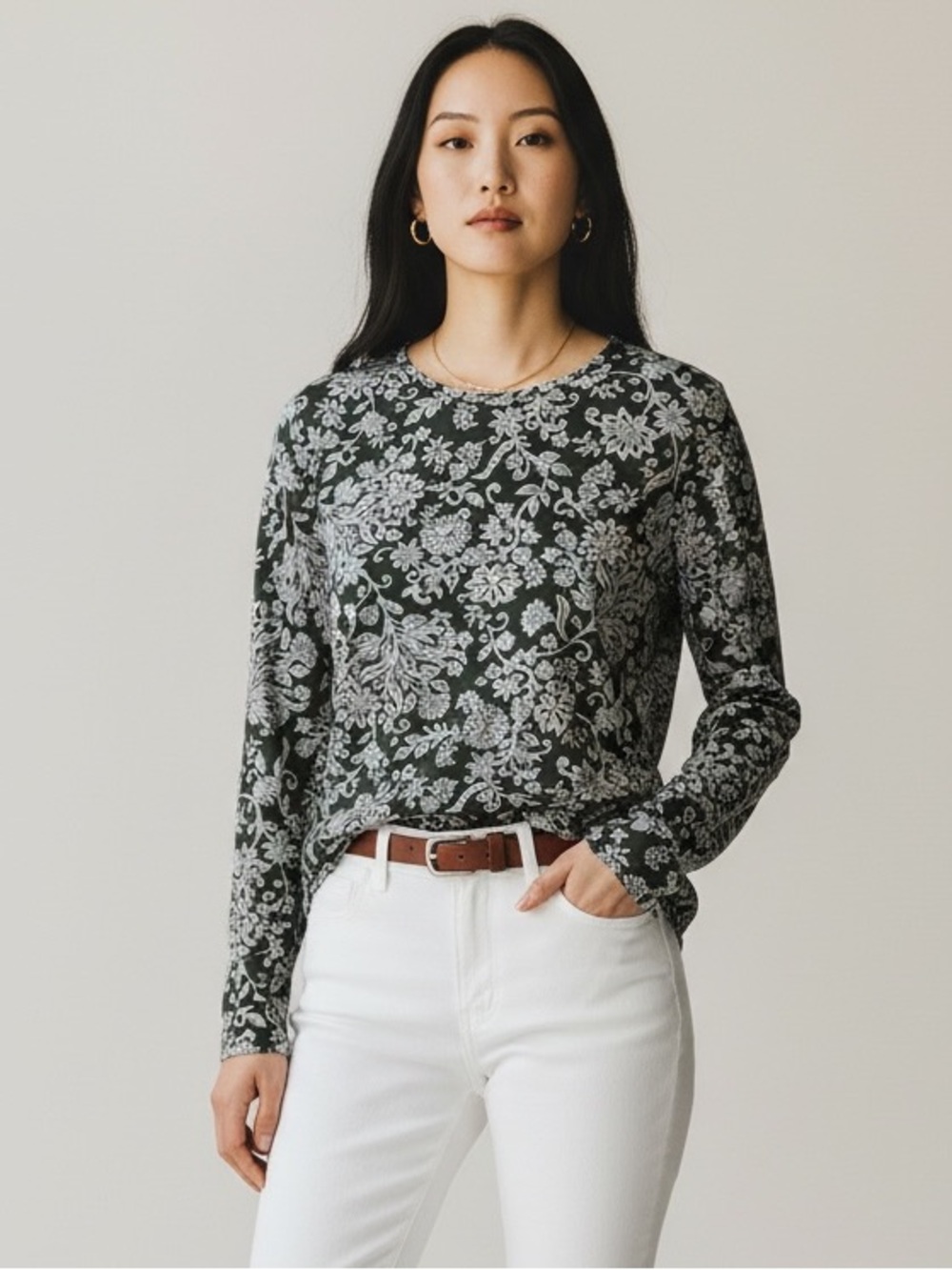 NWT J. Jill Pure Jill Long Sleeve Shirttail Tee Floral Paisley Pima Cotton S